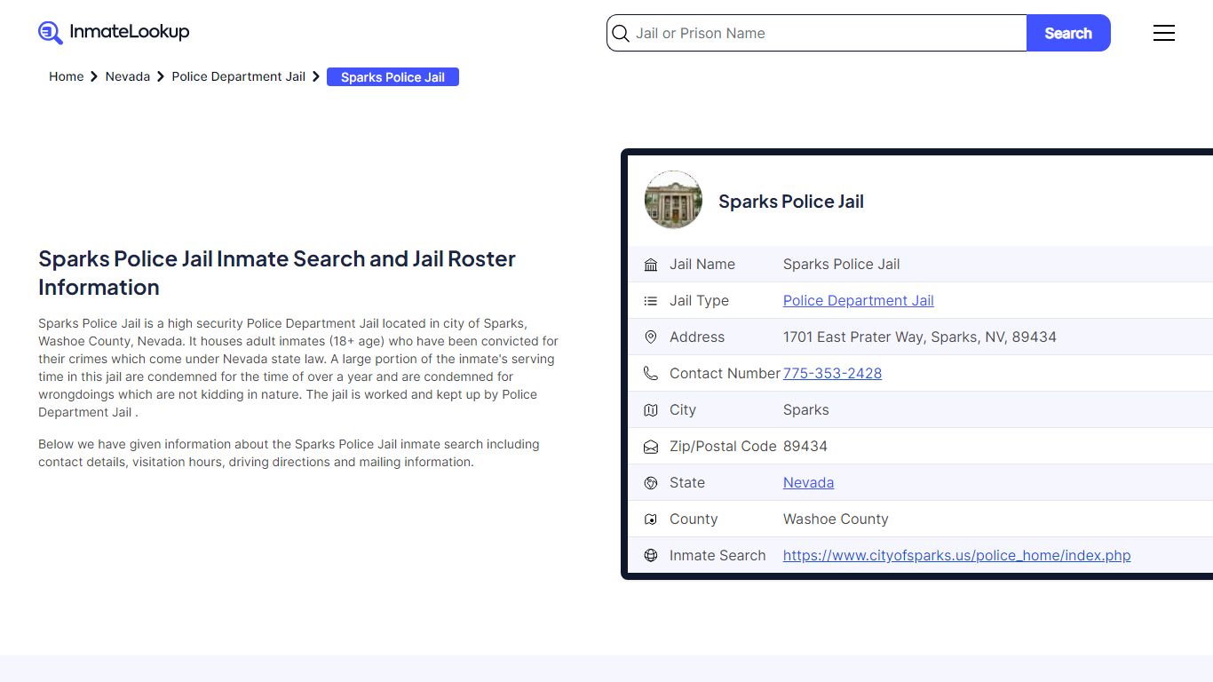 Sparks Police Jail Inmate Search and Jail Roster Information