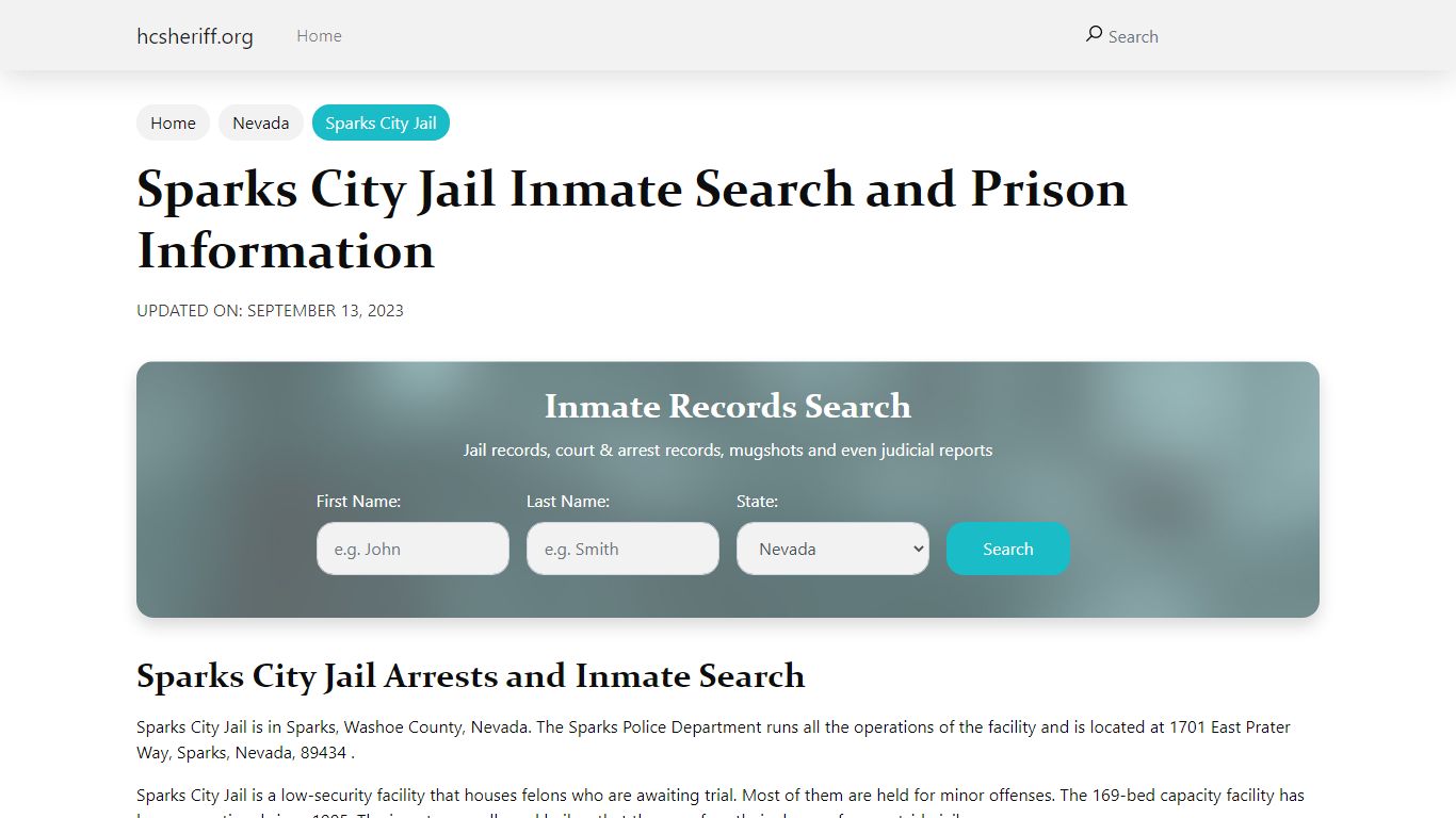 Sparks City Jail Inmate Search and Prison Information